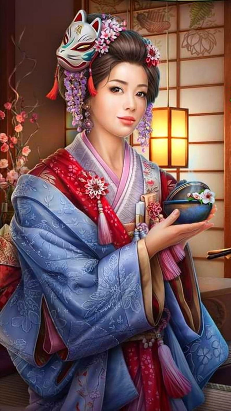 Tea Ceremony , asian, blue, evening, geisha, kimono, oriental, red, HD phone wallpaper