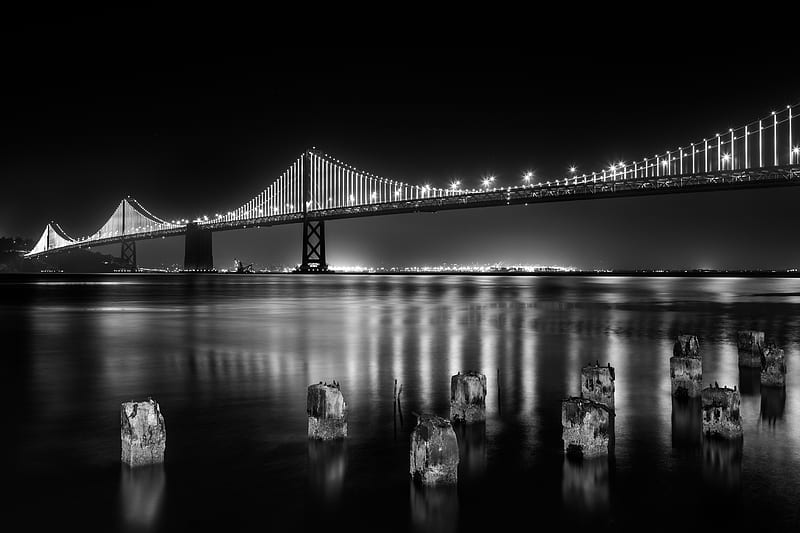 San Francisco Bay Bridge At Night Time Monochrome , san-francisco, world, city, bridge, monochrome, black-and-white, graphy, HD wallpaper