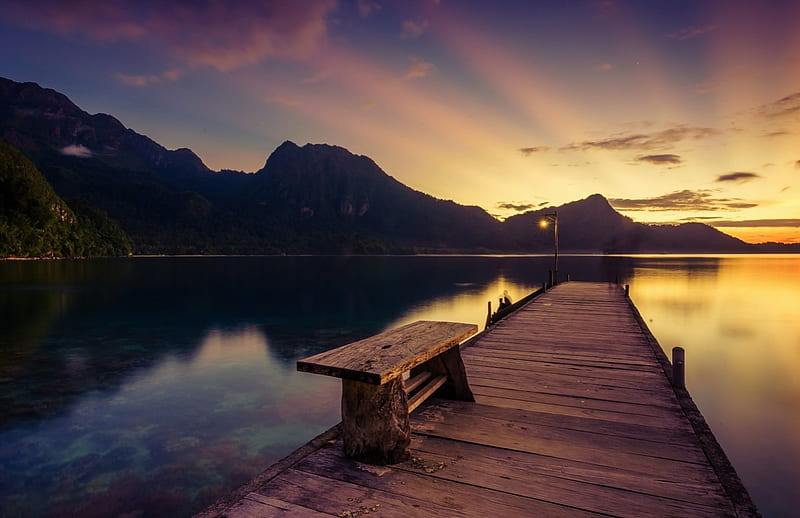 Splendor, pier, bench, sunset, sky, clouds, lake, sunrays, water, rays ...