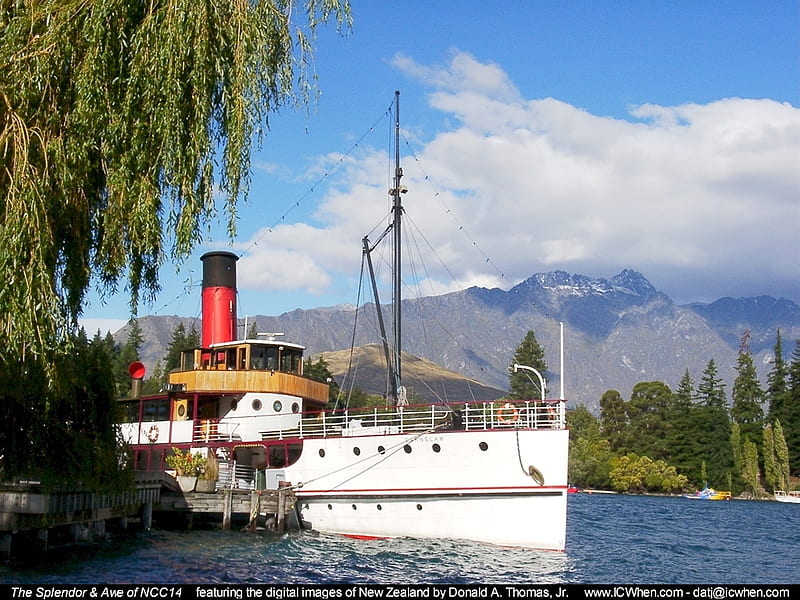 TSS Earnslaw, cruise, trees, sky, clouds, lake, boat, water, willow, mountains, HD wallpaper