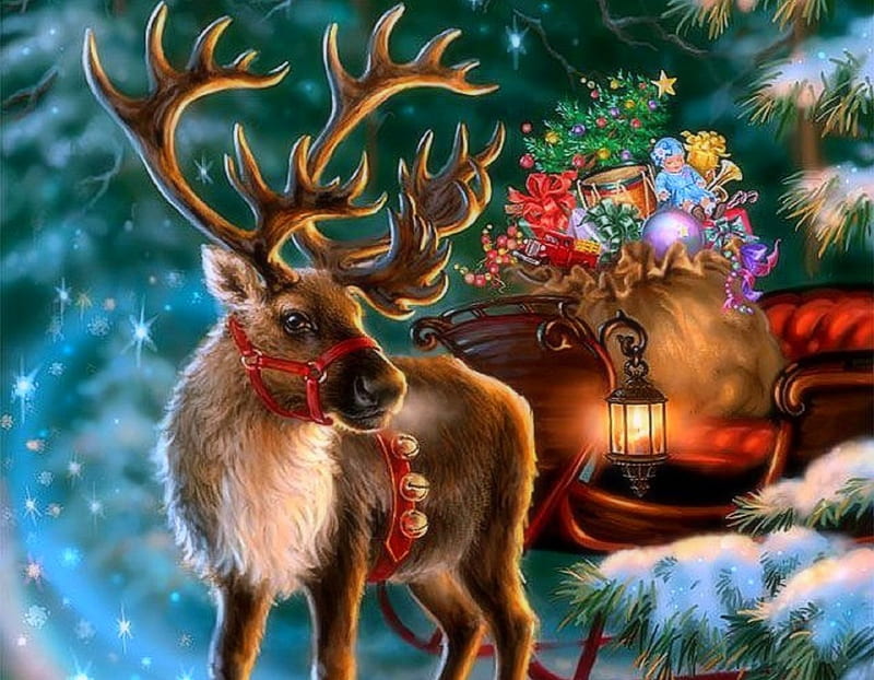 ★Enchanted Reindeer★, sleigh, pretty, Christmas, holidays, lantern, bonito, xmas and new year, paintings, reindeer, toys, lovely, colors, love four seasons, creative pre-made, winter, snow, winter holidays, gifts, HD wallpaper