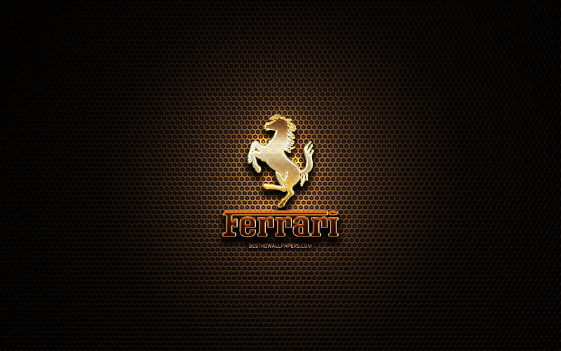 Ferrari glitter logo, cars brands, creative, metal grid background, Ferrari logo, brands, Ferrari, HD wallpaper