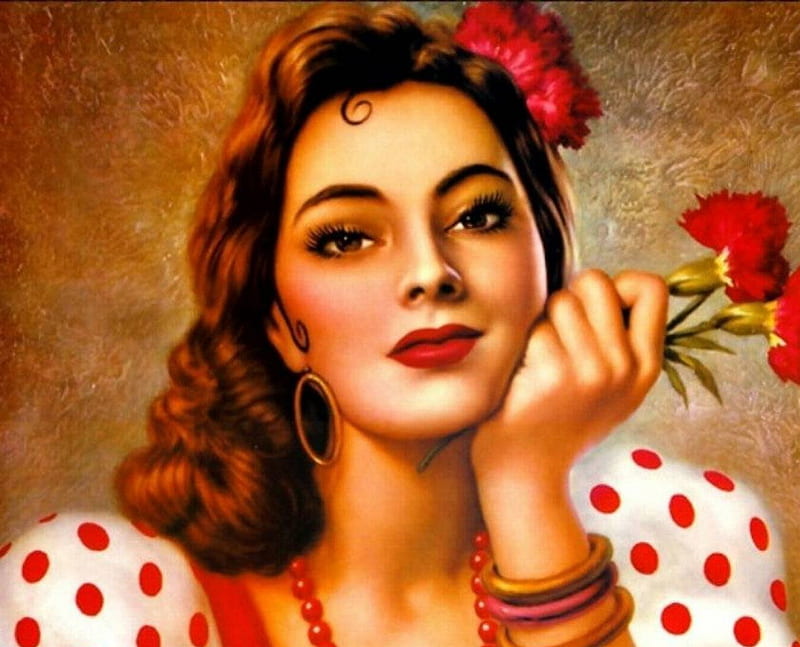 Gorgeous girl, red, dress, polka dot, girl, flowers, beauty, face, gorgeous, vintage, HD wallpaper