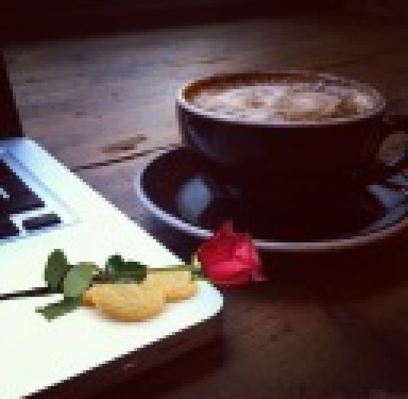 *For a great start to work*, red, table, rose, time, biscuits, laptop, coffee, good, cup, hot, drink, morning, wood, HD wallpaper