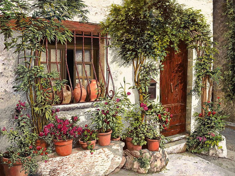 Beautiful Entry, house, pots, window, flowers, wall, door, HD wallpaper