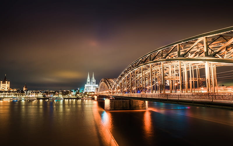 Cologne Cathedral, Hohenzollern Bridge, Cologne, night, city lights, Germany, HD wallpaper