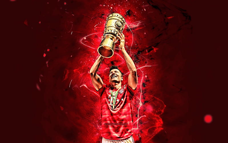 Robert Lewandowski with cup, 2019, Bayern Munich FC, polish footballers, Bundesliga, Robert Lewandowski, soccer, joy, Lewandowski, neon lights, Germany, HD wallpaper