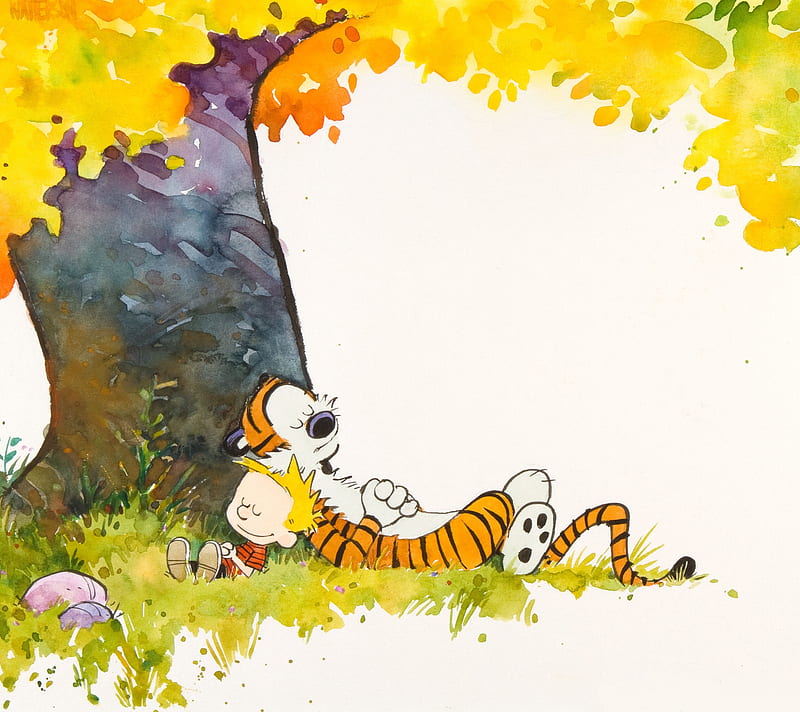 Calvin and hobbes, autumn, boy, cartoon, mood, nature, painting, story,  tiger, HD wallpaper | Peakpx