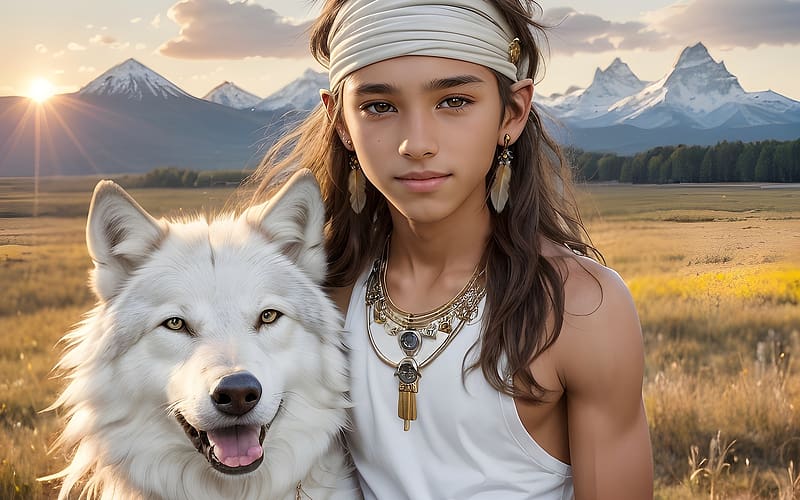 Boy with Wolf, Native American, wolf, boy, mointains, AI art, HD wallpaper