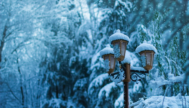 lantern, pillar, snow, winter, HD wallpaper