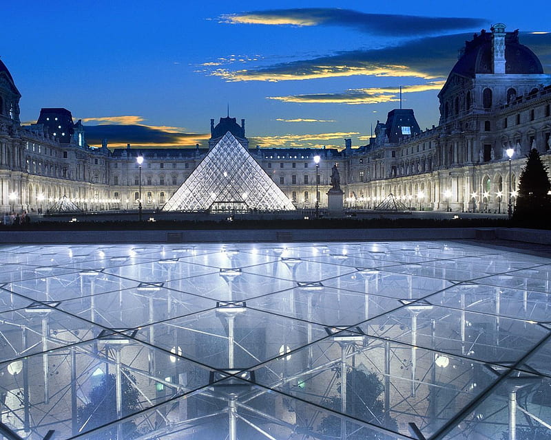 Louvre Paris France, glass, shine, sky, buildings, HD wallpaper