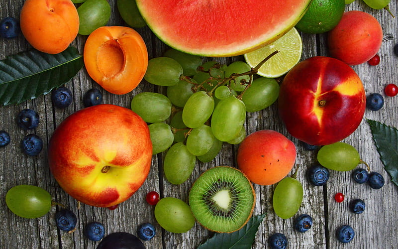 Fruits, grapes, fruit, red, food, green, apricot, kiwi, peach, water melon, HD wallpaper