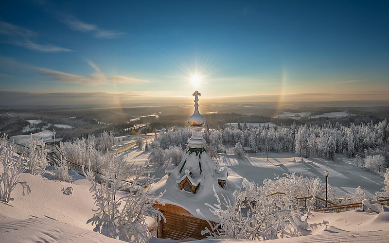 Russian Church in Winter Mountains, snow, landscapes, churches, nature, winter, HD wallpaper