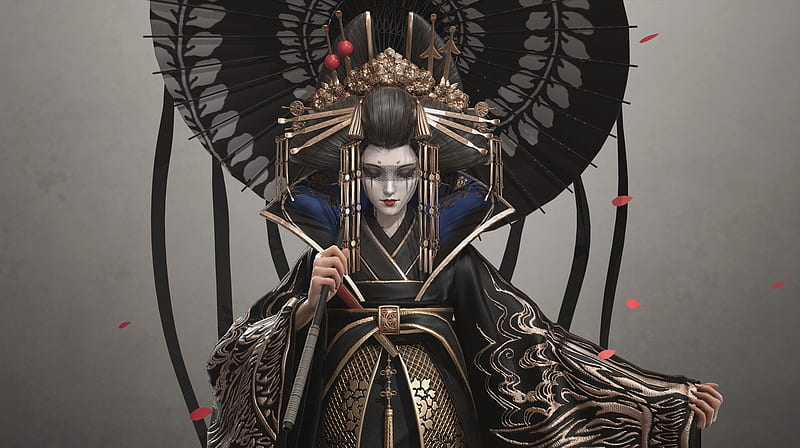 Geisha, fantasy, luminos, ko seohyun, girl, feudal japan, black, parasol, kimono, HD wallpaper