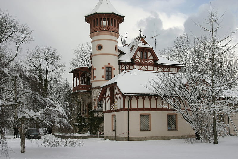Little Bavarian Castle, architecture, castles, snow, winter, HD wallpaper