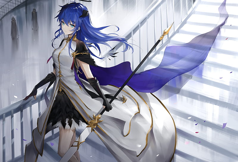 mostima, arknights, stairs, spear, blue hair, cape, gloves, anime games, Anime, HD wallpaper