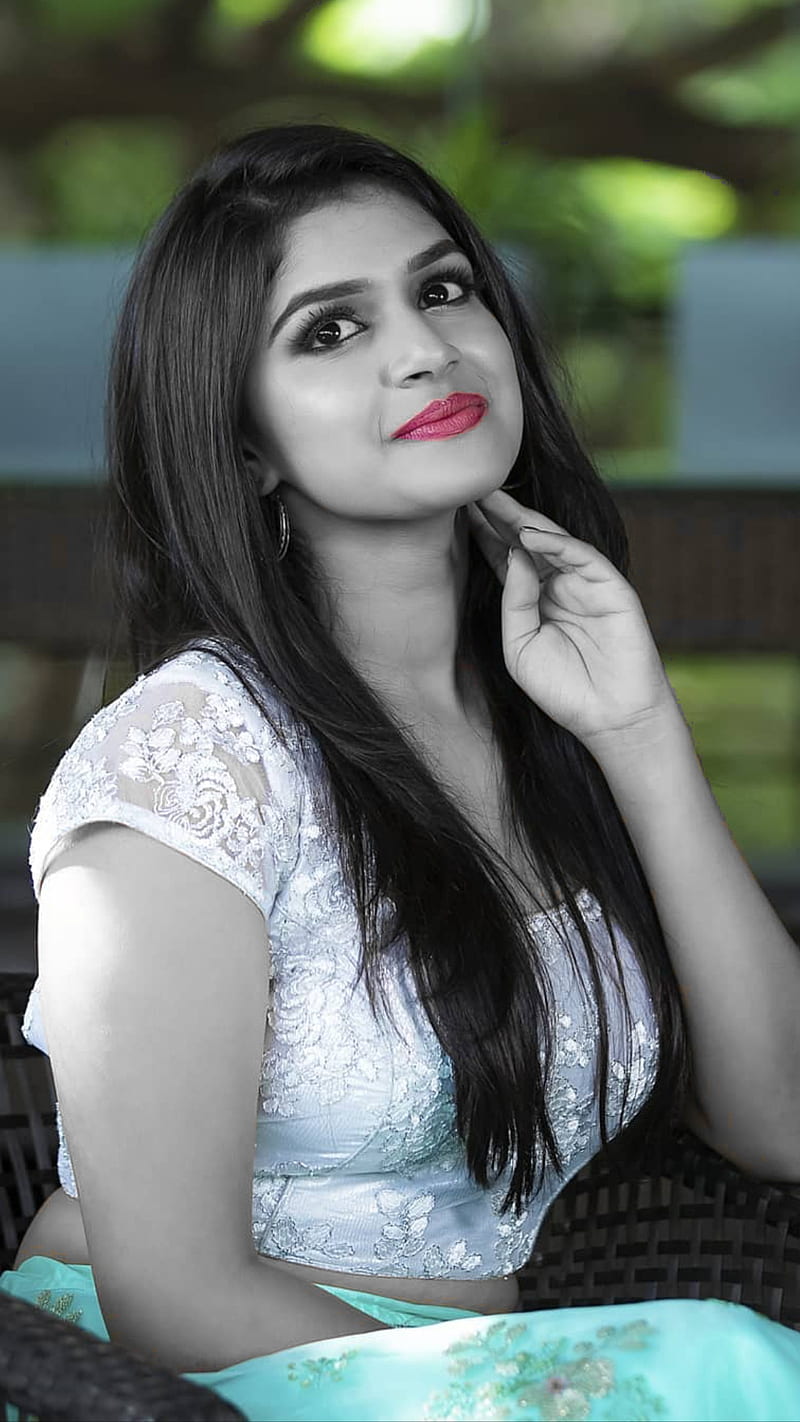 Sanjana Anand, actress, beautiful, lovely, beauty, red lips, black and white, bollywood, india, cute, south indian, HD phone wallpaper