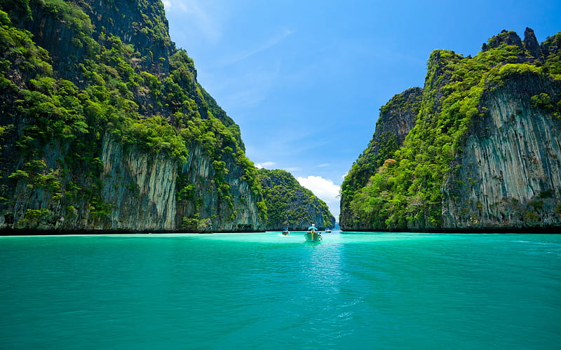 Thailand, tropical islands, summer trips, boat, sea, rocks, HD wallpaper
