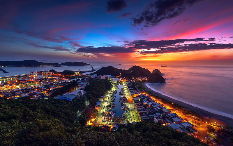 Suao, Taiwan, evening, sunset, ocean coast, Pacific Ocean, Suao cityscape, HD wallpaper