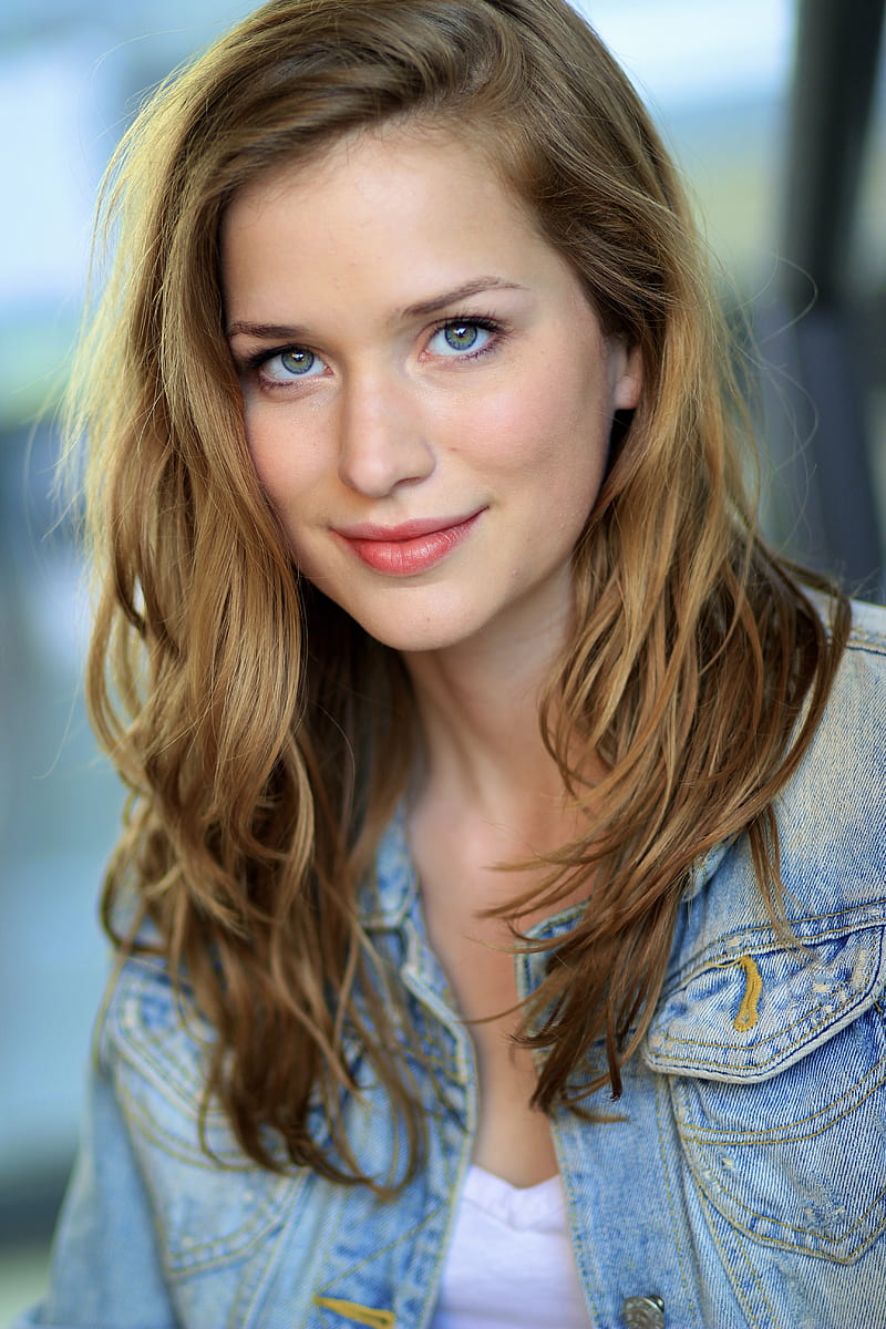 women, actress, Elizabeth Lail, jeans jacket, jacket, smiling, portrait, Elizabeth, white tops, gray eyes, red lipstick, long hair, looking at viewer, young woman, closed mouth, HD phone wallpaper