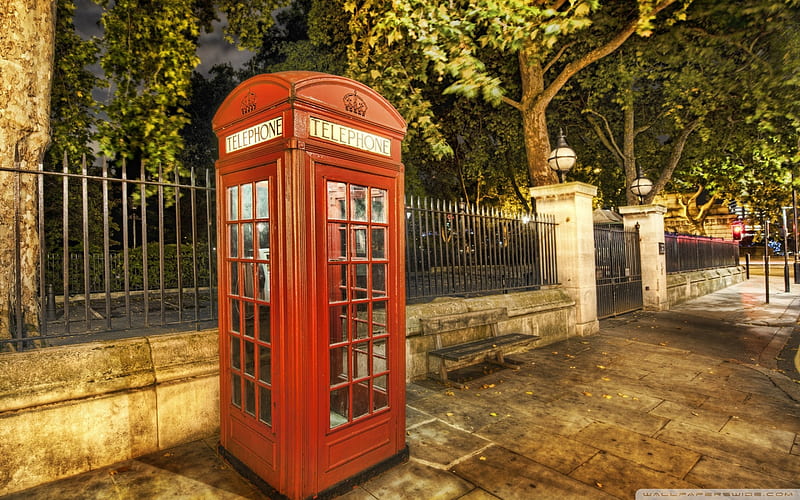 telephone booth, red, british, street, HD wallpaper
