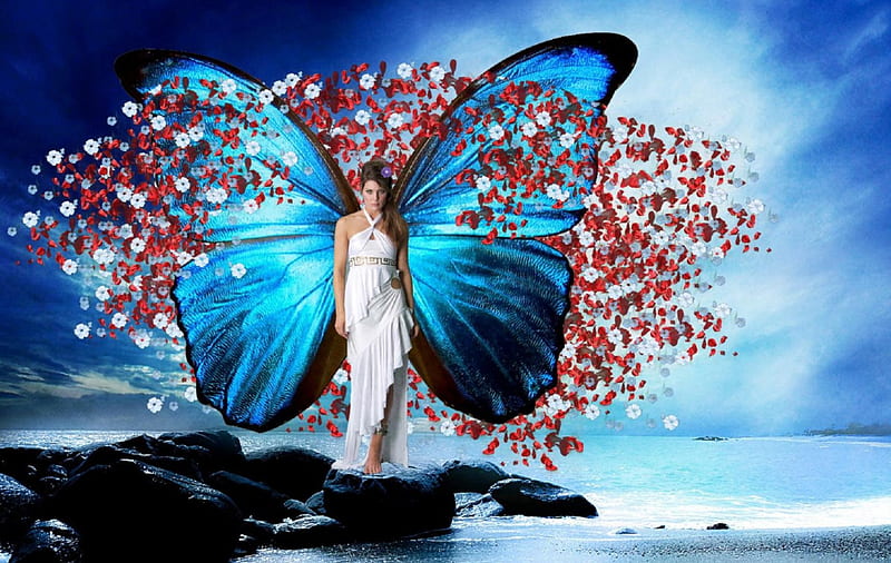 Butterfly Woman, art, lovely, bonito, woman, graphy, fantasy, butterfly, girl, serene, digital, hop, blue, HD wallpaper