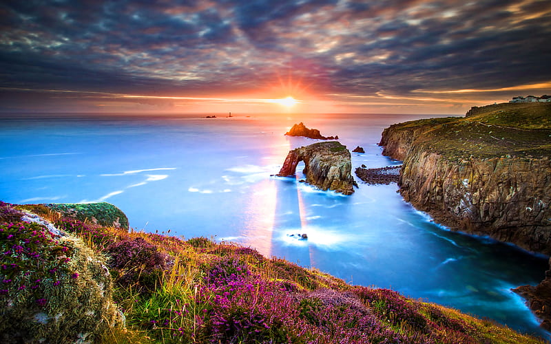 Lands End sea, sunset, UK, Cornwall, England, HD wallpaper