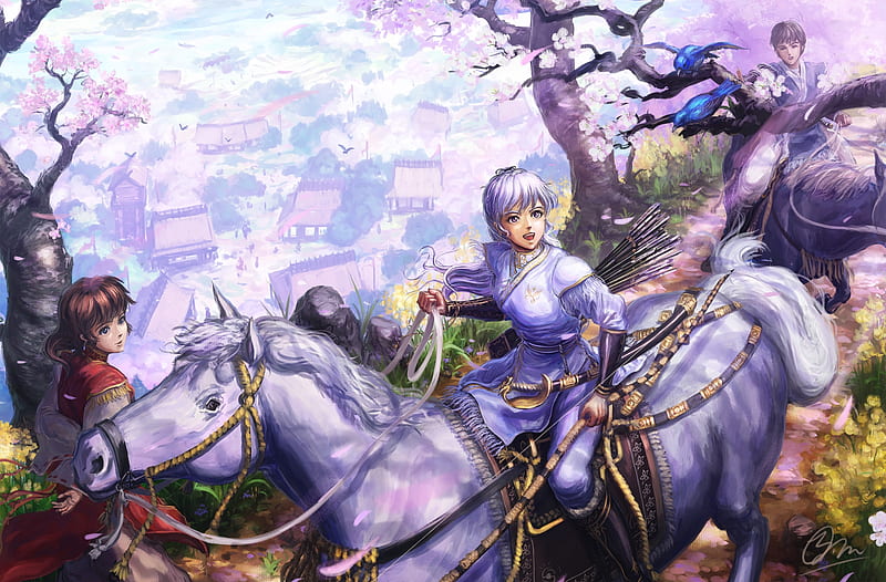 Cavalcada, lilac, manga, spring, horse, tree, girl, purple, anime, makkou4, pink, HD wallpaper