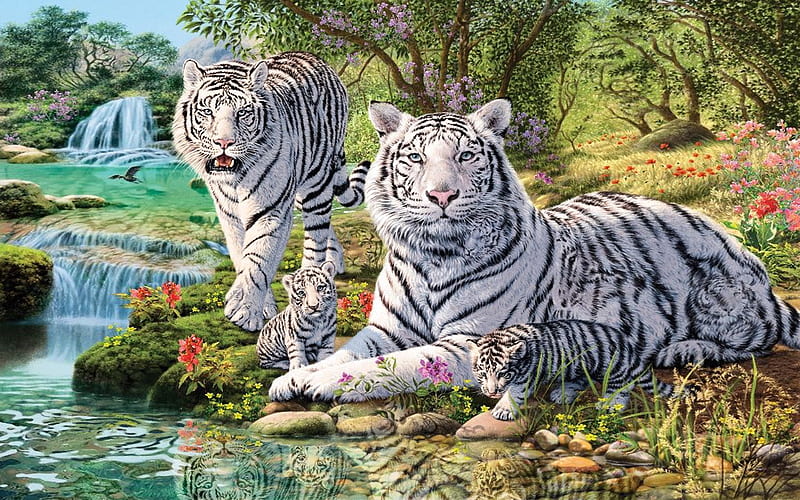 White tigers, family, art, luminos, tiger, cute, fantasy, cub, tigru, white, HD wallpaper
