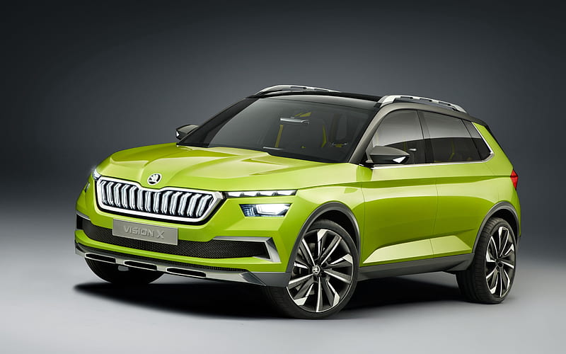 Skoda Vision X, 2018, exterior crossover concepts, new cars, bright green crossover Vision X, Czech cars, Skoda, HD wallpaper