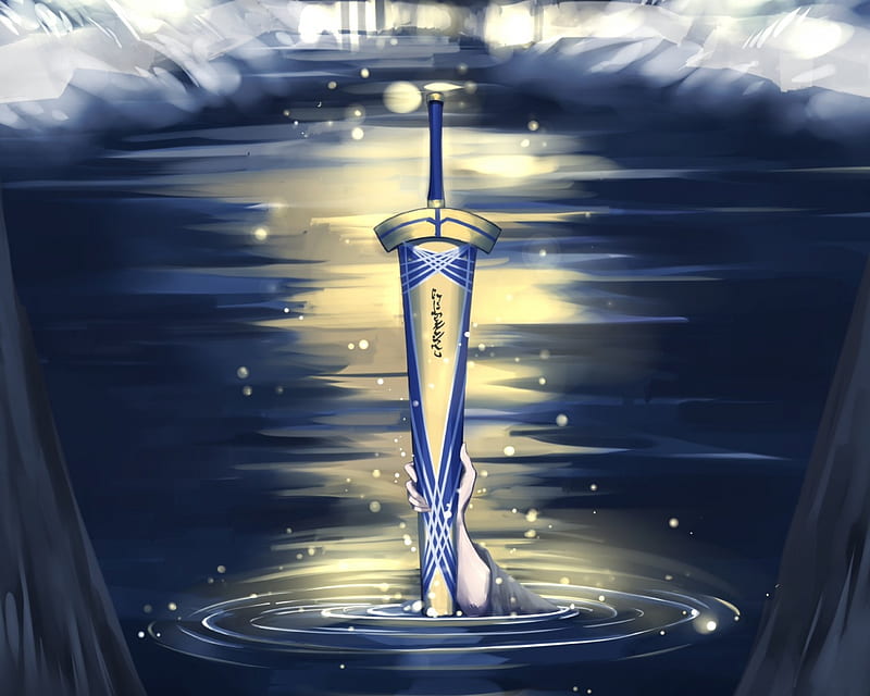 Excalibur, item, object, glow, glowing, magic, fantays, lake, hold, fate stay night, ripples, blade, anime, hand, holding, sword, HD wallpaper