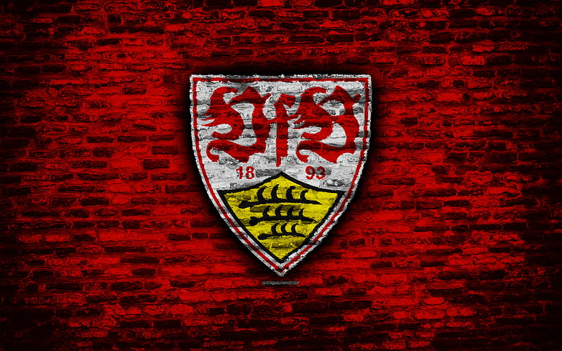 VfB Stuttgart FC, logo, red brick wall, Bundesliga, German football club, soccer, football, brick texture, Stuttgart, Germany, HD wallpaper