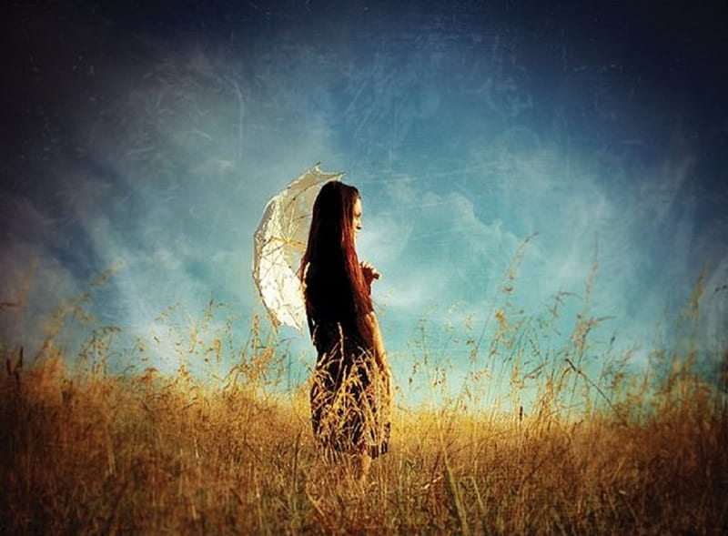 Beautiful moment, sun, umbrella, clouds, sky, field, women, HD wallpaper