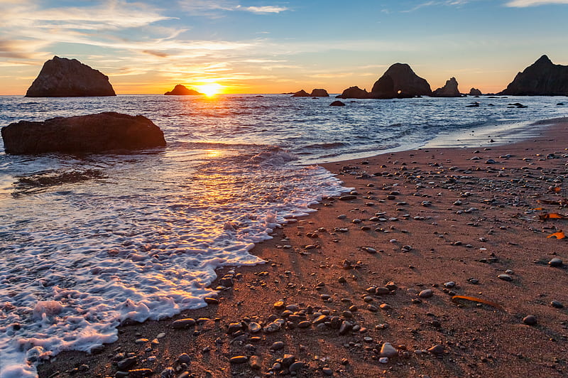 sea, beach, pebbles, rocks, sunset, HD wallpaper