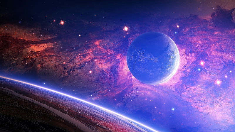 Beautiful space, stars, planet, nebula, space, cosmos, sky, pink, blue, HD wallpaper