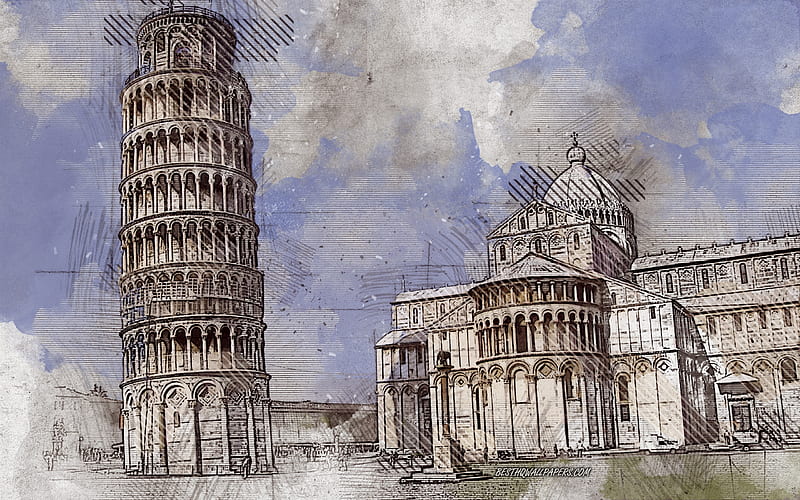 Tower of Pisa, Pisa Cathedral, Italian Landmarks, Pisa, Italy, creative art, grunge art, HD wallpaper