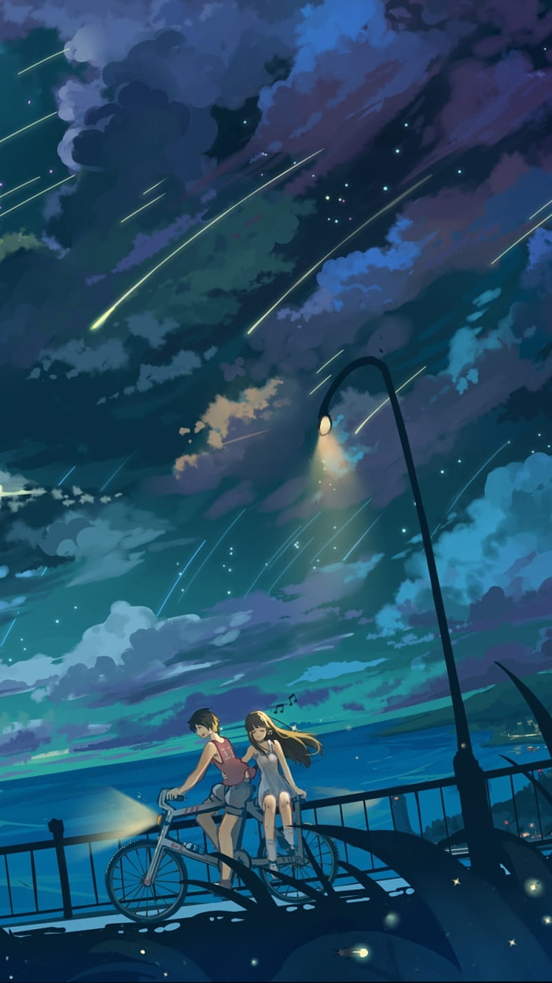 Couple, anime, sky, night, galaxy, town, HD phone wallpaper