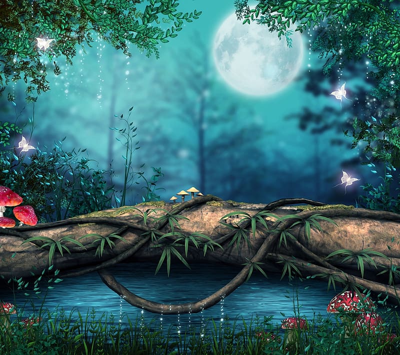 Fantasy, Moon, Forest, Butterfly, Mushroom, Log, Mystic, HD wallpaper