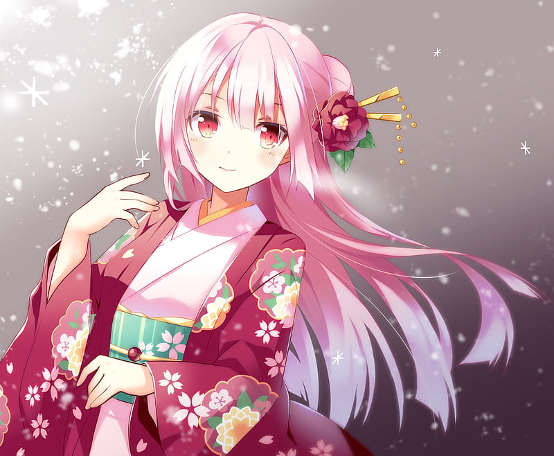 anime girl, traditional clothes, pink long hair, Anime, HD wallpaper