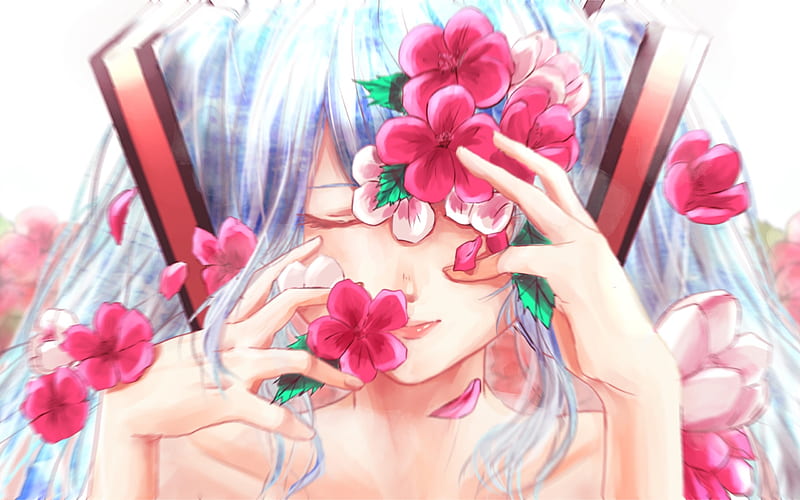 Hatsune Miku, pink flowers, close-up, manga, Vocaloid, HD wallpaper