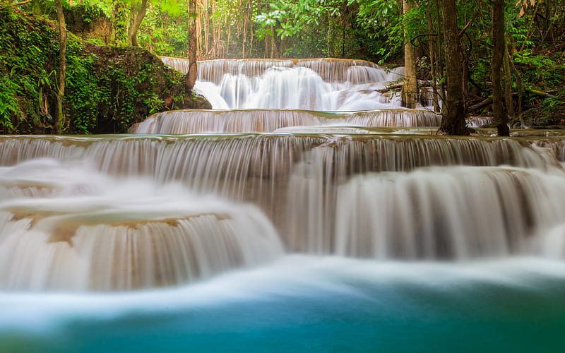 tropical forest, waterfall, river, rapids, jungle, Thailand, tourism, HD wallpaper