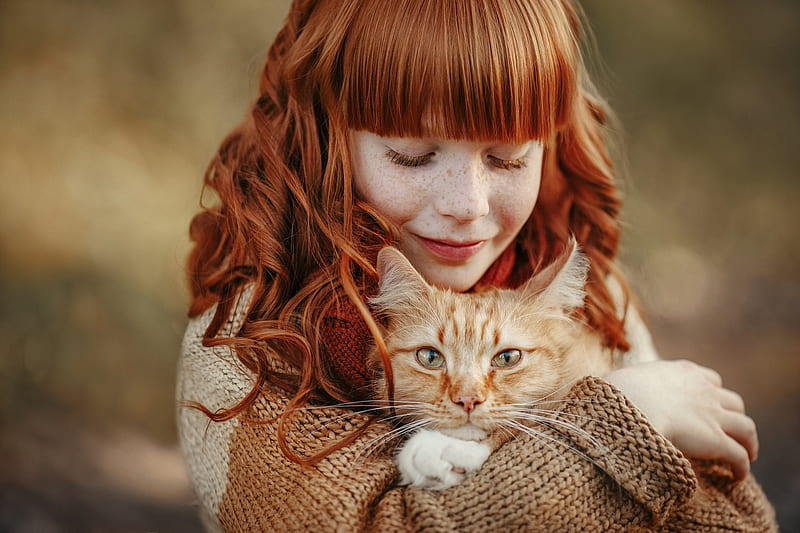 Little Girl, Girl, Redhead, Friendship, Cat, HD wallpaper