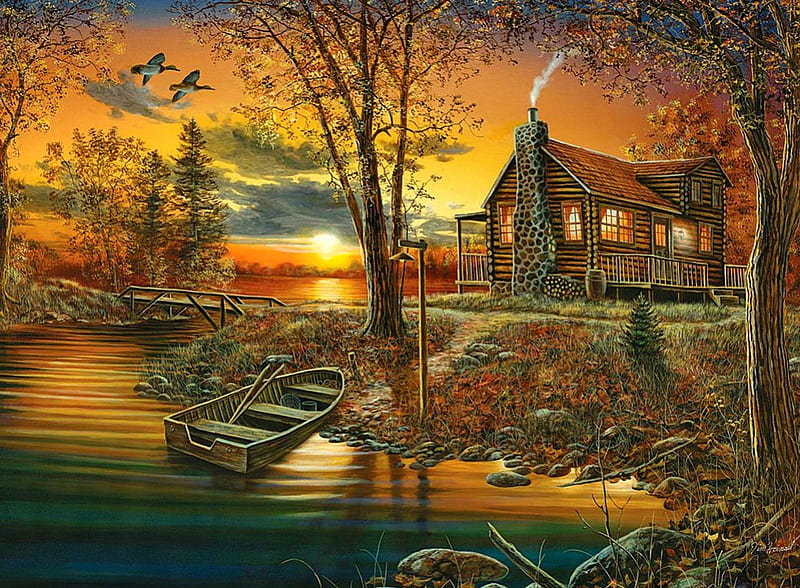 As night falls, house, flow, cottage, orange, fiery, dusk, bonito, sunset, twilight, nice, calm, boat, dock, painting, river, evening, night, art, amazing, quiet, lovely, golden, sky, lake, pond, water, serenity, rays, peaceful, HD wallpaper