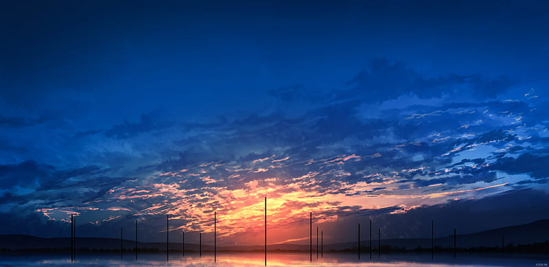 anime sunset, horizon, silhouette, clouds, sky, reflection, Anime, HD wallpaper