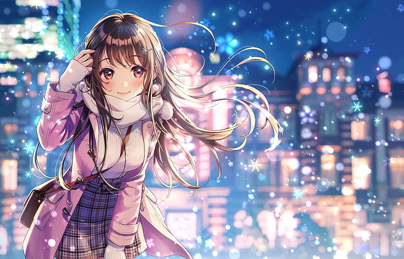 beautiful anime girl, coat, smiling, winter, snowflakes, buildings, Anime, HD wallpaper