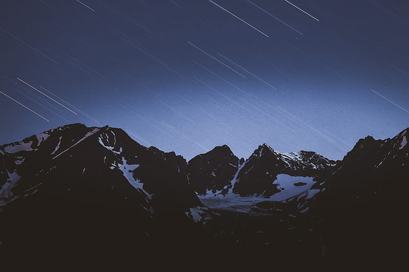 mountains, snow, snowy, starfall, stars, HD wallpaper