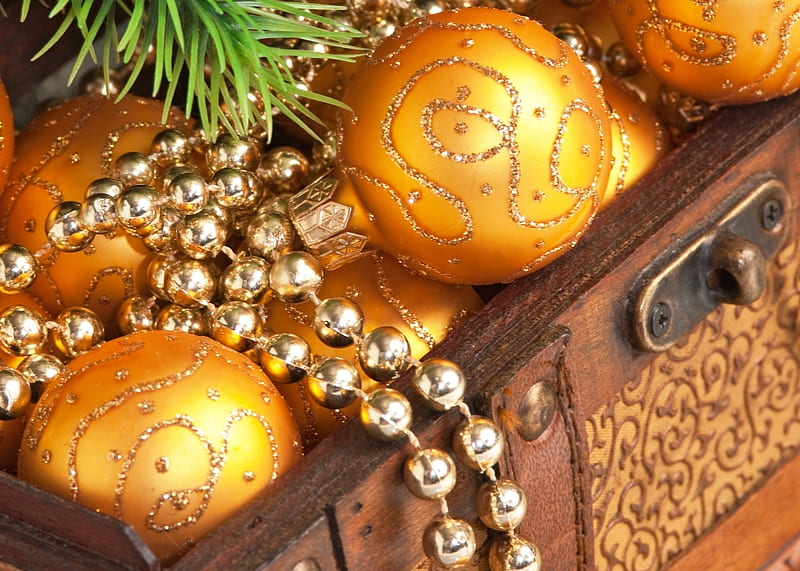 Christmas balls, pretty, yellow, box, bonito, graphy, ball, nice, gold, beauty, lovely, holiday, christmas, golden, decoration, colors, crate, happy new year, cool, merry christmas, balls, HD wallpaper