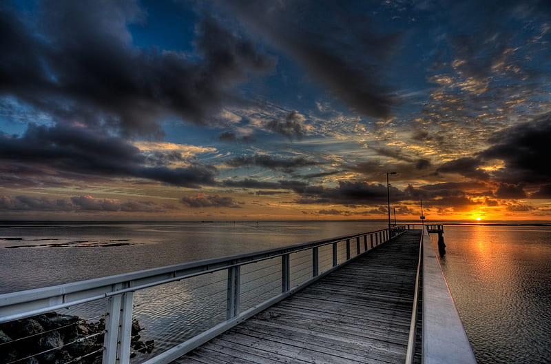 Sunset Walk, red, water, ocean, pier, sunset, clouds, sky, HD wallpaper
