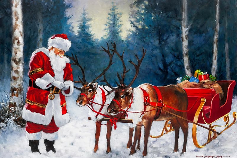 Santa prepping the team, helpers, friends, winter, art, team, holiday, sleigh, painting, Santa, Christmas, reindeers, snow, forest, HD wallpaper