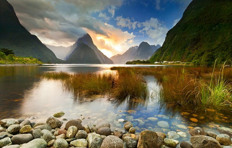 Superb Sunset At Milford Sound, houses, bonito, sunset, sky, clouds, Fiordland National Park, mountains, crystal water, fjord, New Zealand, HD wallpaper